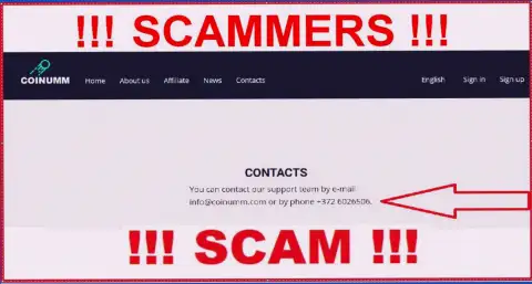 Coinumm Com phone number is listed on the scammers website