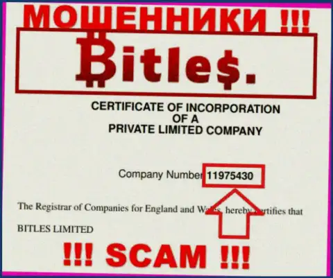 Номер регистрации интернет махинаторов Bitles Eu, с которыми весьма рискованно работать - 11975430