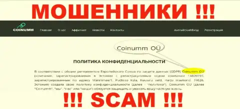 Юридическое лицо мошенников Coinumm, информация с официального сайта махинаторов