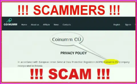 Coinumm fraudsters legal entity - information from the scam website