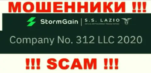 Регистрационный номер StormGain, взятый с их официального интернет-ресурса - 312 LLC 2020