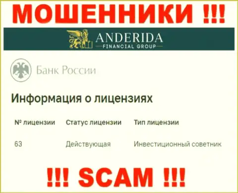Anderida говорят, что имеют лицензию на осуществление деятельности от ЦБ РФ (информация с сайта обманщиков)