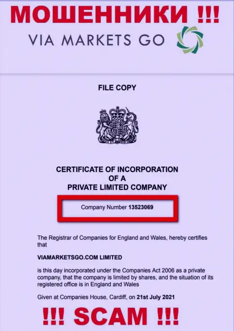 Номер регистрации незаконно действующей компании ViaMarketsGo: 13523069