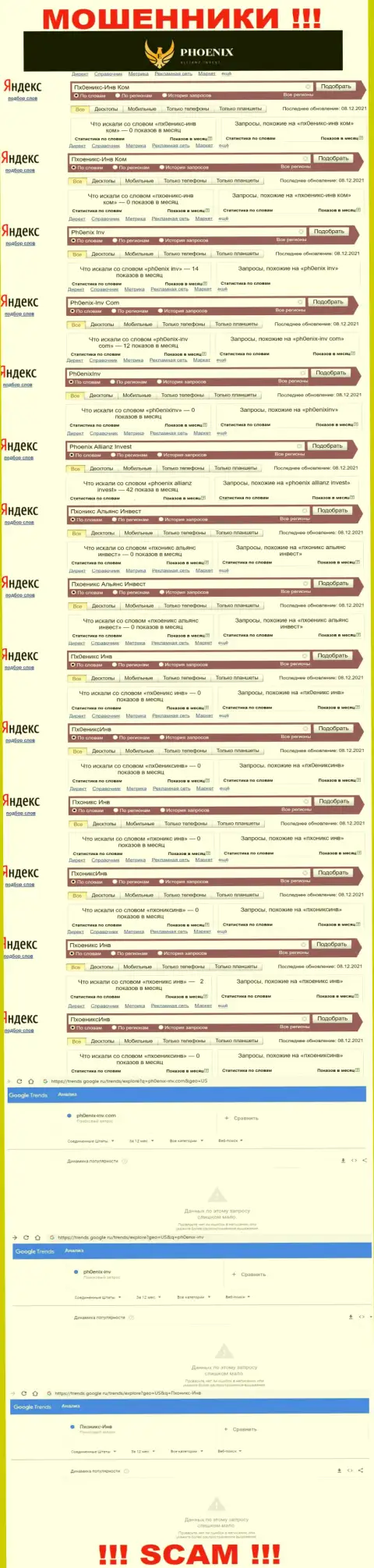Скрин статистики поисковых запросов по незаконно действующей компании Ph0enix-Inv Com
