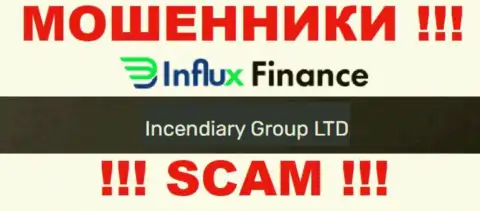 На официальном веб-сайте InFluxFinance мошенники сообщают, что ими руководит Incendiary Group LTD