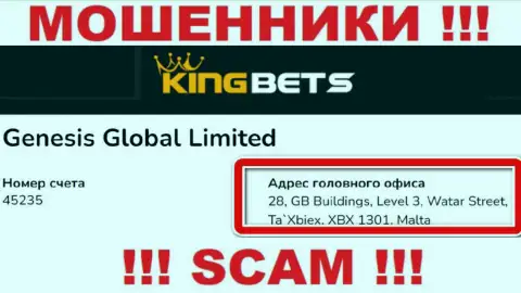 Из организации KingBets забрать назад финансовые вложения не выйдет - указанные мошенники сидят в оффшоре: 28, GB Buildings, Level 3, Watar Street, Ta`Xbiex, XBX 1301, Malta