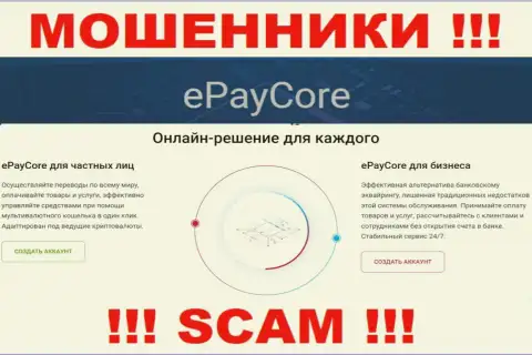Не стоит верить, что деятельность EPayCore Com в области Платёжная система законна