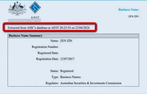 Документ, доказывающий присутствие регистрации у дилингового центра Zinnera
