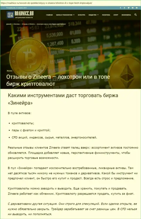 Обзор финансовых инструментов брокера Zinnera на web-сайте Roadnice Ru