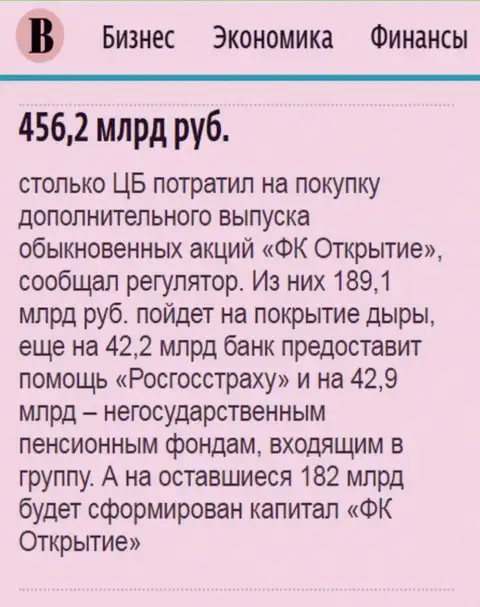 Как говорится в ежедневном издании Ведомости, практически пол триллиона российских рублей потрачено на спасение финансовой группы Открытие