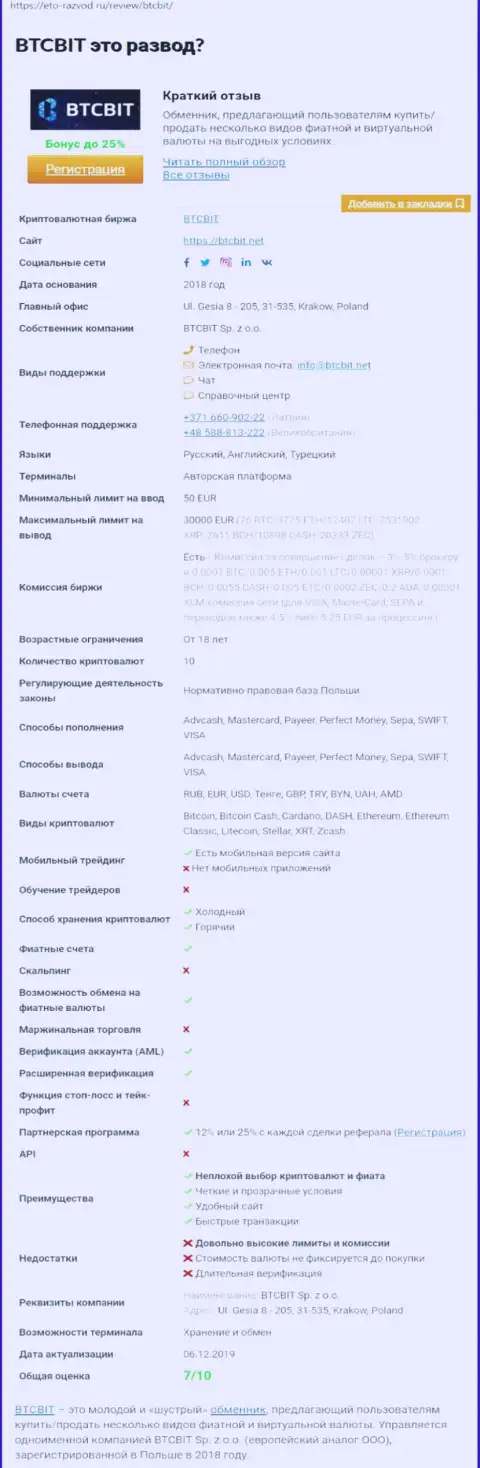 Информация об онлайн-обменнике BTCBIT Net на ресурсе eto-razvod ru